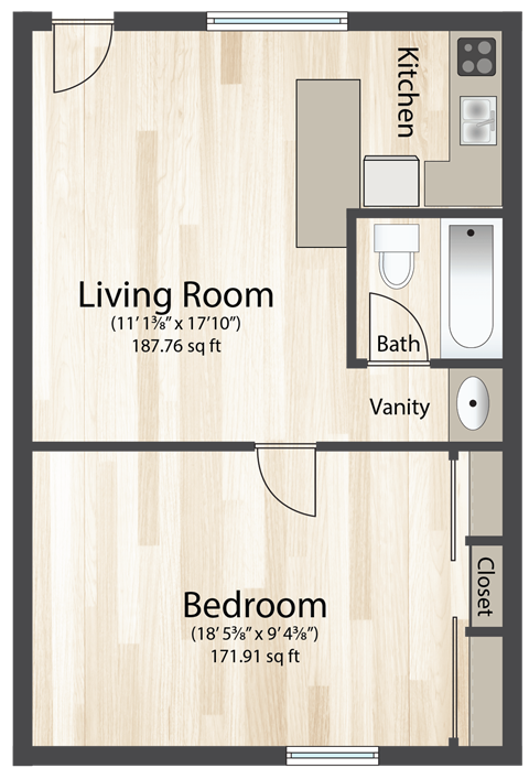 Floor plan for 1 bed, 1 bath, 450 sqft